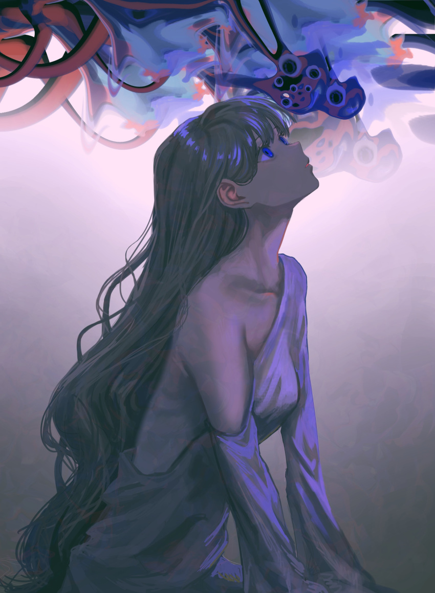 1girl 1other absurdres blue_eyes collarbone dress dress_slip from_side grey_hair highres kyano_(kyanora3141) long_hair long_sleeves looking_at_creature monster original ribs too_many_eyes very_long_hair white_dress