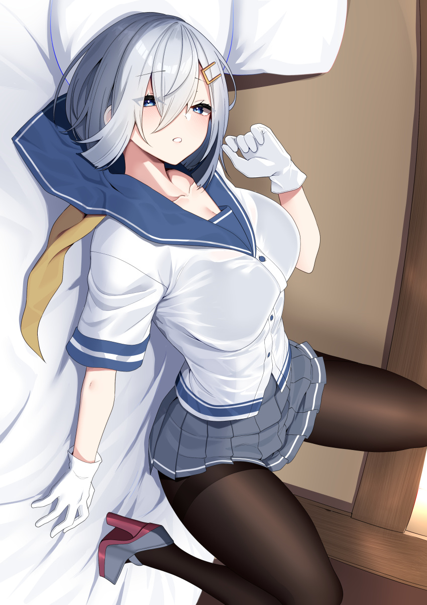 1girl absurdres black_pantyhose blue_eyes breasts eyes_visible_through_hair gloves grey_hair hair_between_eyes hair_ornament hairclip hamakaze_(kancolle) high_heels highres kantai_collection large_breasts looking_at_viewer lying nebusoku neckerchief on_back pantyhose pleated_skirt school_uniform serafuku short_hair short_sleeves skirt solo white_gloves