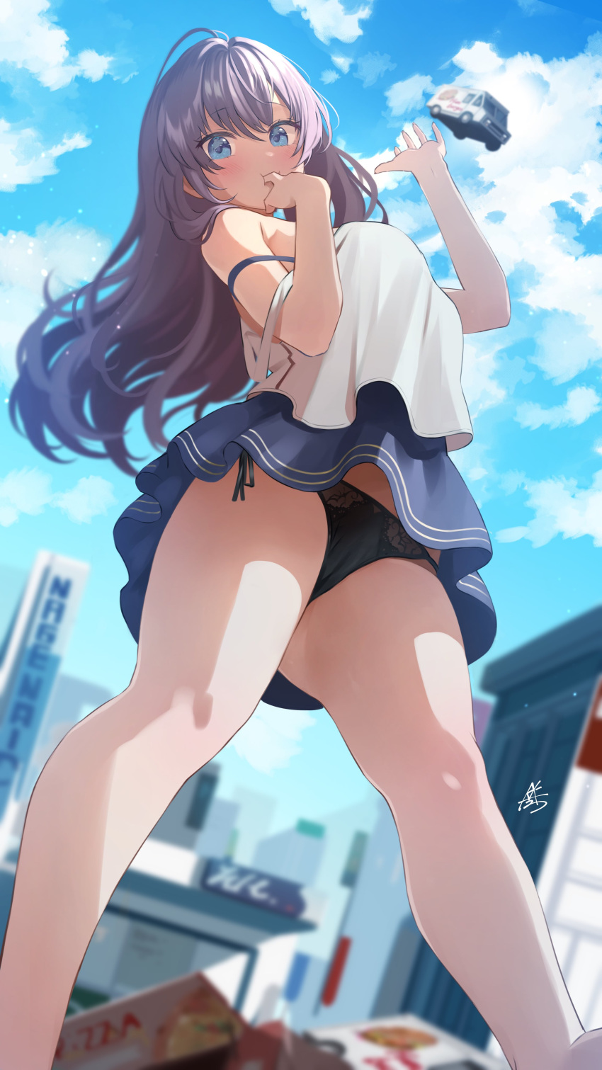 1girl absurdres bare_legs black_panties blue_eyes blue_skirt blurry blurry_background blush breasts brown_hair camisole cityscape cloud commission feet_out_of_frame finger_in_own_mouth food_truck giant giantess hand_up highres ichinose_shiki idolmaster idolmaster_cinderella_girls kkix25 legs long_hair motor_vehicle panties pizza_box side-tie_panties signature skeb_commission skirt sky solo strap_slip underwear van white_camisole