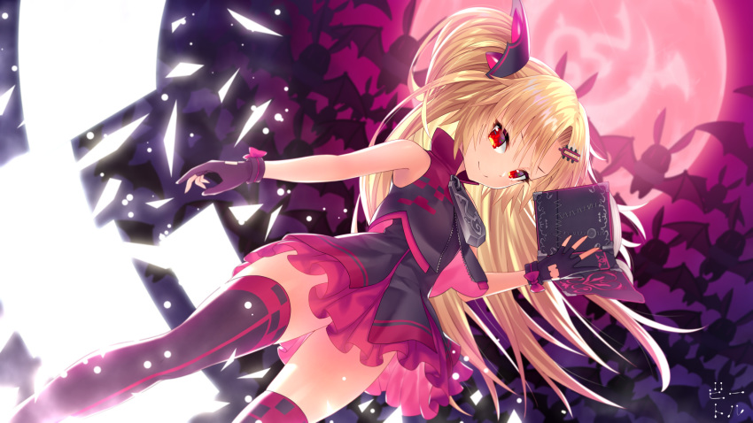 akatsuki_yuni aliasing bettle_(b_s_a_n) blonde_hair book gloves long_hair red_eyes thighhighs twintails uni_channel watermark