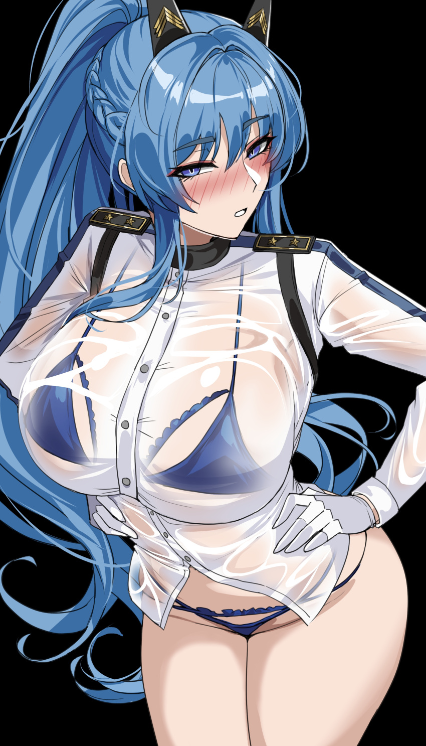 1girl absurdres bikini black_background blue_bikini blue_eyes blue_hair blush breasts gloves goddess_of_victory:_nikke hair_ornament hands_on_own_hips hella_p helm_(aqua_marine)_(nikke) helm_(nikke) highres large_breasts long_hair long_sleeves looking_at_viewer official_alternate_costume parted_lips ponytail sidelocks simple_background solo swimsuit teeth thighs white_gloves