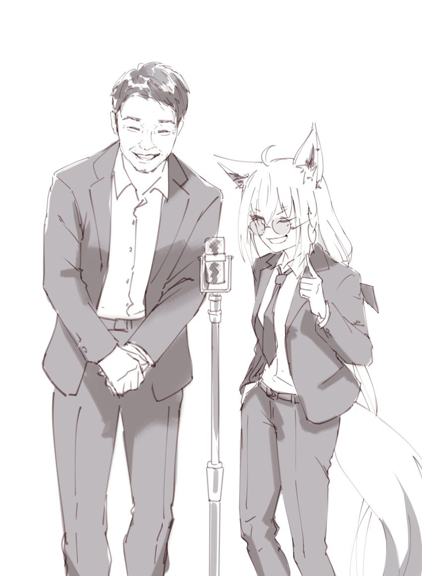 1boy 1girl absurdres ahoge animal_ear_fluff animal_ears braid commentary earrings fox_ears fox_girl fox_tail glasses greyscale hair_between_eyes highres hololive hyde_(tabakko) index_finger_raised jewelry long_hair looking_at_viewer microphone_stand monochrome necktie own_hands_together shirakami_fubuki sidelocks single_braid suit tail virtual_youtuber yagoo