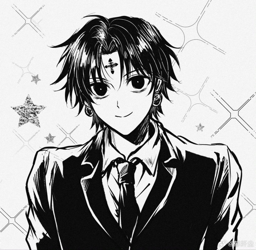 1boy chenxian2467 chrollo_lucilfer earrings formal highres hunter_x_hunter jewelry male_focus monochrome official_alternate_costume short_hair smile solo sparkle suit upper_body