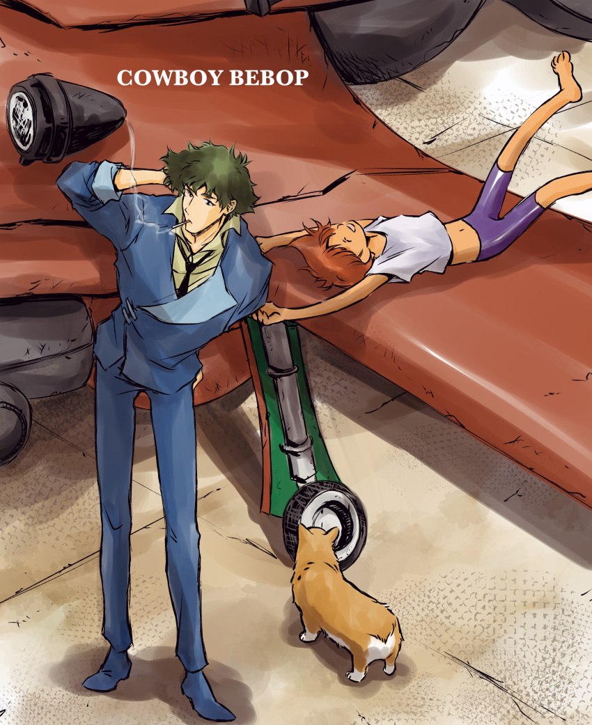 1girl absurdres barefoot child cowboy_bebop edward_wong_hau_pepelu_tivrusky_iv ein_(cowboy_bebop) highres orange_hair science_fiction shadow shirt size_difference smoke smoking spike_spiegel standing swordfish_ii tobalin welsh_corgi yellow_shirt