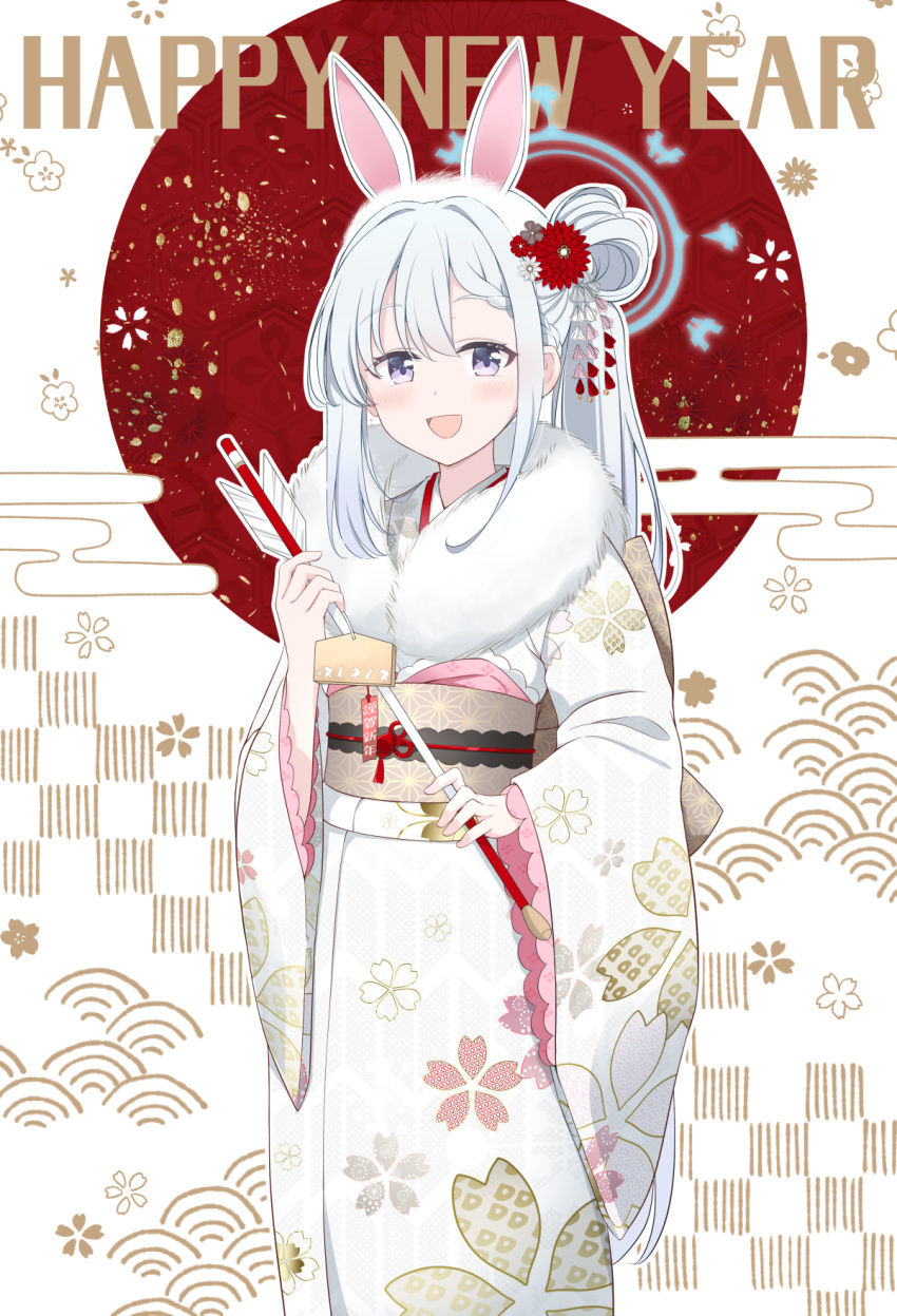 1girl alternate_costume alternate_hairstyle animal_ears arrow_(projectile) blue_archive english_text flower grey_hair hair_flower hair_ornament halo hamaya happy_new_year highres holding hoshino_ouka japanese_clothes kimono looking_at_viewer miyako_(blue_archive) open_mouth ponytail purple_eyes rabbit_ears solo