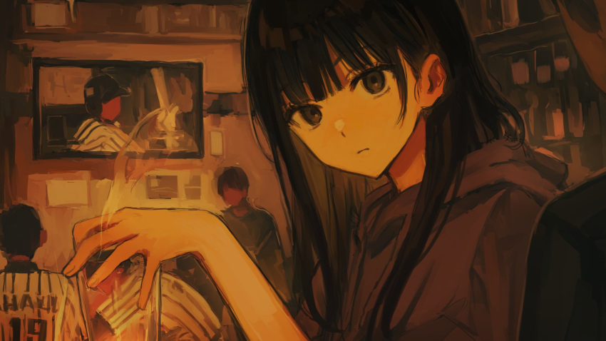 1boy androgynous black-haired_boy_(iwzry) black_hair blunt_bangs brown_hoodie cup funabashi_(iwzry) glass grey_eyes highres holding holding_cup hood hoodie indoors long_hair long_sleeves looking_at_viewer male_focus original solo upper_body