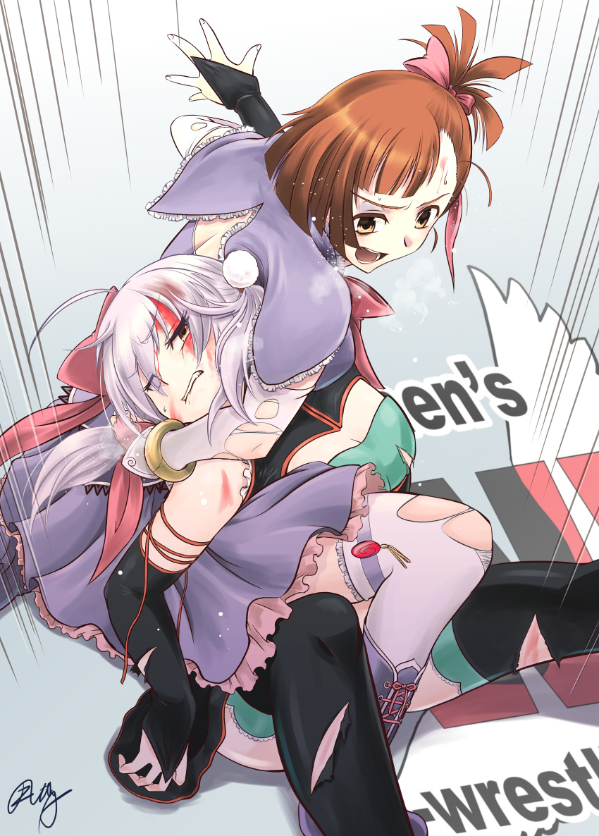 2girls absurdres blood blood_on_face breasts brown_hair cleavage clenched_teeth commission elbow_gloves fingerless_gloves gloves hanabusa_(xztr3448) highres kurihama_ami multiple_girls pixiv_commission short_hair signature stretch_plum submission_hold teeth thighhighs torn_clothes twintails white_hair witch_misa wrestle_angels wrestling yellow_eyes