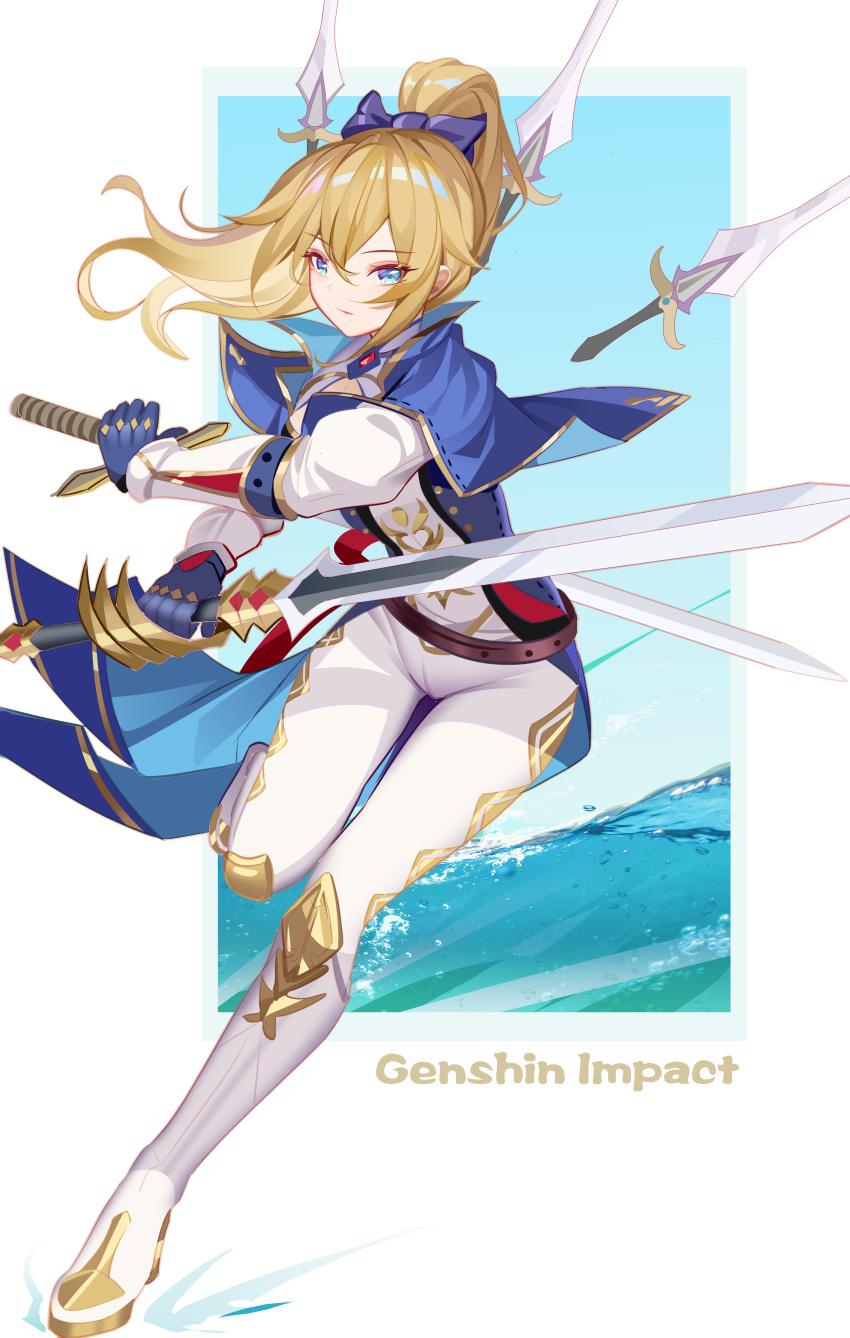 1girl absurdres belt blonde_hair blue_bow blue_eyes blue_gloves bow brown_belt commentary_request copyright_name dual_wielding genshin_impact gloves hair_bow highres holding holding_sword holding_weapon jean_(genshin_impact) leggings long_hair long_sleeves looking_at_viewer luai pants ponytail solo sword thighs weapon white_pants