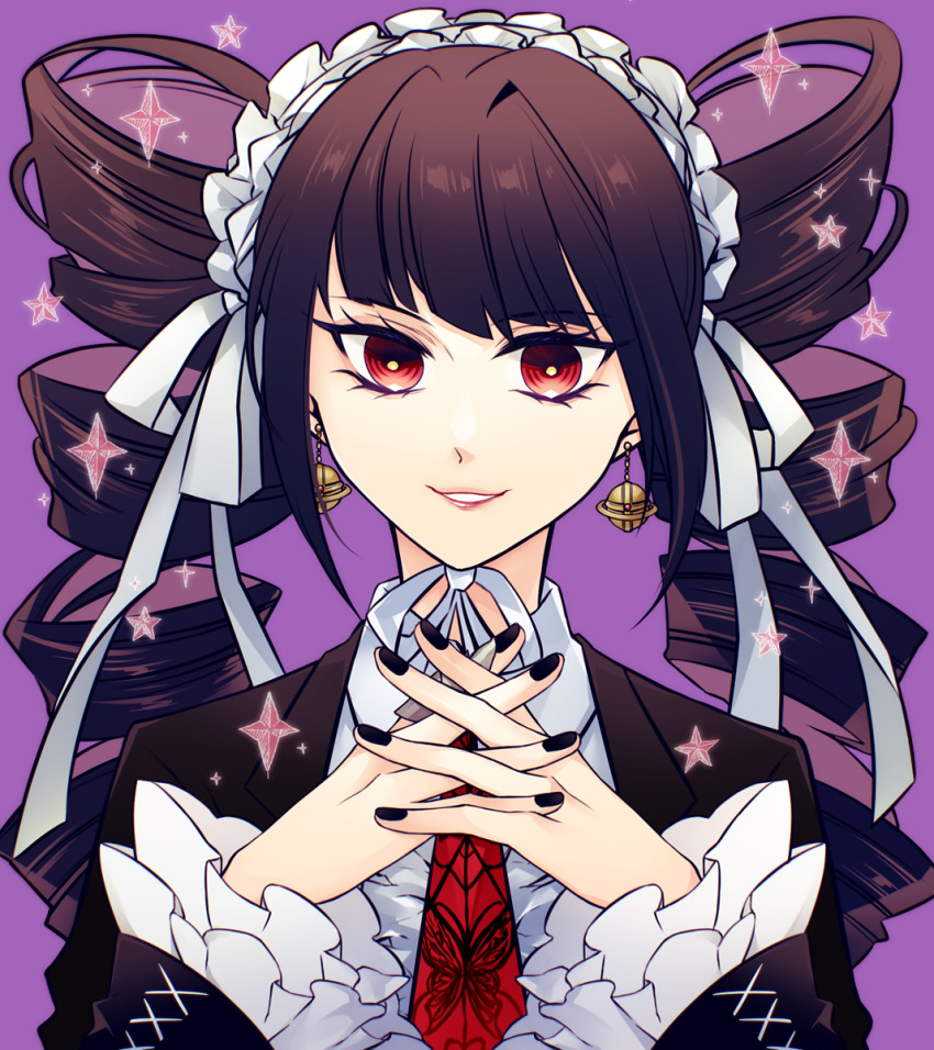 1girl animal_print black_jacket black_nails butterfly_print celestia_ludenberg center_frills danganronpa:_trigger_happy_havoc danganronpa_(series) drill_hair earrings frills headdress highres jacket jewelry long_hair nail_polish necktie pink_background red_eyes red_necktie simple_background smile solo sugu0v0 teeth twin_drills twintails