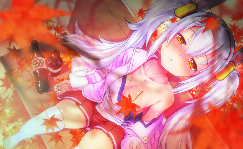 animal_ears anthropomorphism autumn azur_lane blush breasts bunny_ears drink laffey_(azur_lane) leaves no_bra orange_eyes skirt thighhighs tomineko_(tomineko_p) twintails white_hair zettai_ryouiki