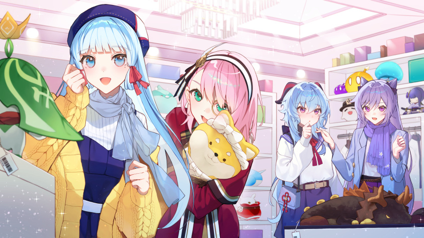 4girls absurdres aqua_eyes aranara_(genshin_impact) azhdaha_(genshin_impact) beret blue_eyes blue_hair blue_headwear blue_scarf boo_tao_(genshin_impact) casual charlotte_(genshin_impact) commentary_request cone_hair_bun contemporary dress fungi_(genshin_impact) ganyu_(genshin_impact) genshin_impact hair_bun hair_ribbon hat highres indoors jacket kamisato_ayaka keqing_(genshin_impact) long_hair long_sleeves monocle multiple_girls pink_hair purple_eyes purple_hair purple_scarf raiden_shogun red_dress red_ribbon ribbon sailor_collar sailor_shirt scarf shirt shotgunman slime_(genshin_impact) upper_body very_long_hair white_shirt yellow_jacket