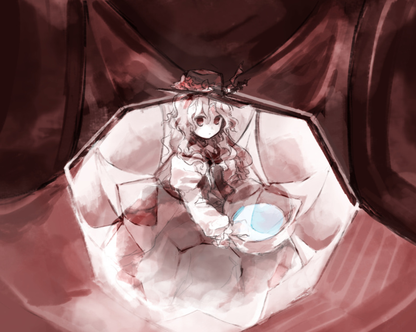 1girl closed_mouth collared_shirt commentary_request dress expressionless flat_chest frilled_sleeves frills hair_between_eyes hat highres jacket_girl_(dipp) juliet_sleeves kaigen_1025 long_hair long_sleeves monochrome puffy_sleeves red_theme shirt solo touhou wavy_hair