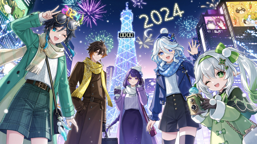 2024 2boys 3girls ;d absurdres ahoge amaichi_esora baron_bunny_(genshin_impact) black_hair black_thighhighs blue_eyes blue_hair blue_headwear blue_jacket blue_scarf braid brown_hair clock commentary cross-shaped_pupils cuilein-anbar_(genshin_impact) drop-shaped_pupils furina_(genshin_impact) genshin_impact gradient_hair green_eyes green_hair green_jacket guoba_(genshin_impact) hair_between_eyes hair_ribbon happy_new_year hat hat_ribbon highres jacket long_hair looking_at_viewer multicolored_hair multiple_boys multiple_girls nahida_(genshin_impact) new_year official_alternate_costume official_art one_eye_closed open_mouth pers_(genshin_impact) pointy_ears polka_dot polka_dot_scarf purple_eyes purple_hair purple_jacket raiden_shogun ribbon scarf shorts side_ponytail smile symbol-shaped_pupils thighhighs tower twin_braids ushi_(genshin_impact) venti_(genshin_impact) waving white_hair white_scarf yellow_scarf zhongli_(genshin_impact)
