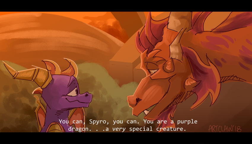 absurd_res activision artclaw black_bars dialogue dragon duo english_text eye_contact feral hi_res horn ignitus looking_at_another male orange_body orange_scales purple_body purple_scales quadruped redraw scales scalie signature size_difference smile spyro spyro_the_dragon text the_legend_of_spyro western_dragon