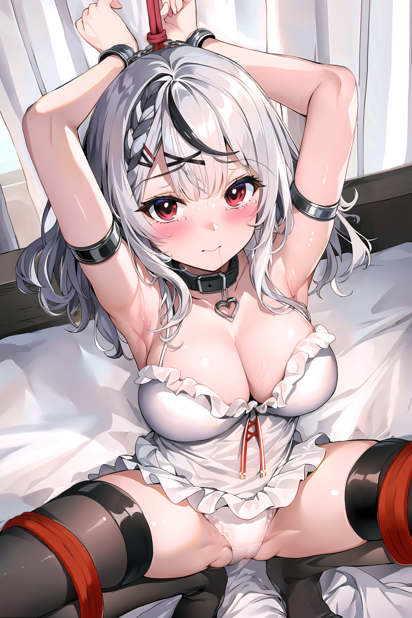 1girl absurdres ai-generated belt_collar black_collar black_hair black_thighhighs blush bound bound_arms braid breasts camisole cleavage closed_mouth collar grey_hair hair_ornament hairpin highres hololive large_breasts looking_at_viewer medium_hair multicolored_hair panties red_eyes sakamata_chloe sakamata_chloe_(1st_costume) single_braid solo streaked_hair sugiki thighhighs underwear virtual_youtuber white_camisole white_panties x_hair_ornament