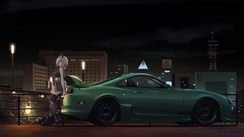 1girl ankle_boots black_footwear black_thighhighs boots building car city cityscape commentary_request commission crop_top from_side green_skirt grey_hair highres lamppost motor_vehicle night night_sky original outdoors png_pant_(bus) railing short_hair skeb_commission skirt sky skyscraper solo sports_car standing thighhighs torn_clothes torn_thighhighs toyota toyota_supra toyota_supra_mk_iv vehicle_focus wide_shot yasushi_pandoru