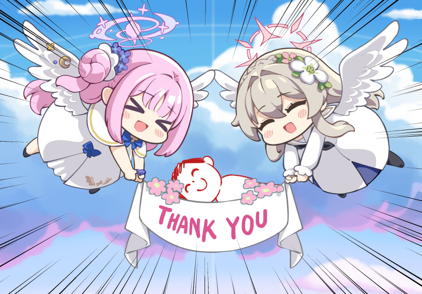 &gt;_&lt; 1boy 2girls :d ^_^ aged_down angel_wings banner blue_archive blue_sky blunt_bangs blush_stickers braid capelet carrying closed_eyes cloud cloudy_sky commentary_request crown_braid doodle_sensei_(blue_archive) dress english_text flower flying frilled_dress frills grey_hair hair_between_eyes hair_bun hair_flower hair_ornament hair_scrunchie halo highres hm_(hmongt) holding_banner long_hair long_sleeves looking_at_viewer mika_(blue_archive) multiple_girls nagisa_(blue_archive) outdoors scrunchie sensei_(blue_archive) sidelocks single_braid single_side_bun sky sleeveless smile thank_you white_capelet white_dress wings wrist_scrunchie xd