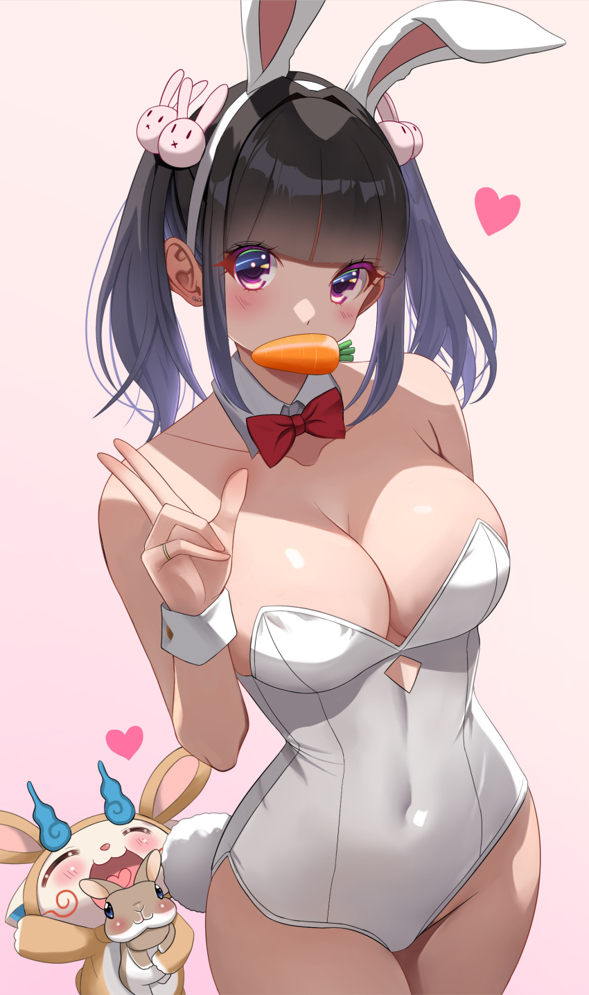 1girl absurdres akihiro0920 animal_ears arm_at_side blunt_bangs blush bow bowtie breasts carrot cleavage collarbone commentary_request covered_navel detached_collar detached_sleeves fake_animal_ears food_in_mouth hair_ornament heart highres jewelry large_breasts leotard looking_at_viewer medium_breasts medium_hair original pink_background playboy_bunny purple_eyes rabbit rabbit_ears rabbit_hair_ornament rabbit_tail red_bow red_bowtie ring sidelocks simple_background standing strapless strapless_leotard tail twintails v white_leotard white_wrist_cuffs wrist_cuffs