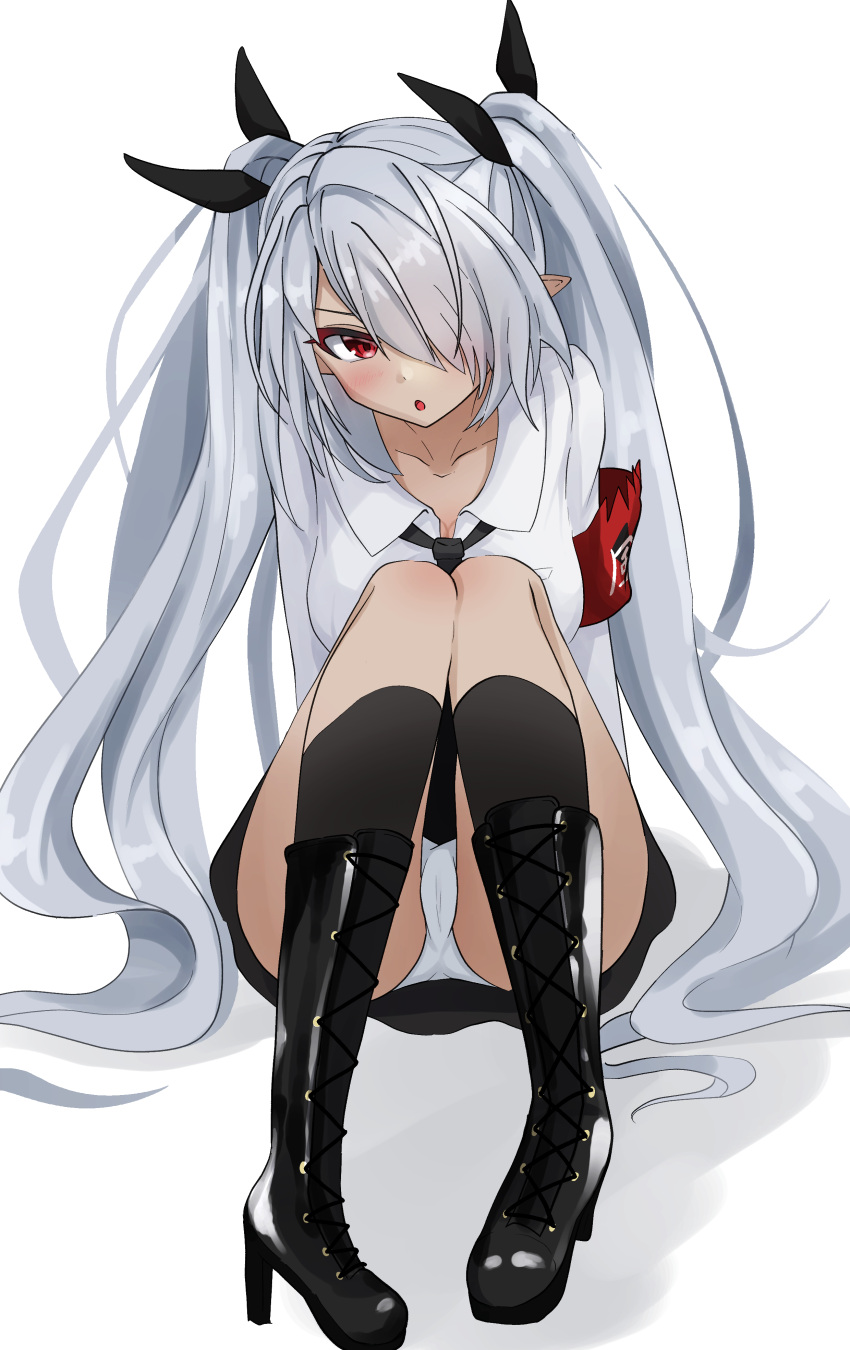 1girl absurdres armband black_footwear black_necktie black_skirt blue_archive boots breasts cross-laced_footwear dark-skinned_female dark_skin full_body grey_hair hair_over_one_eye highres iori_(blue_archive) knees_up lace-up_boots long_hair looking_at_viewer medium_breasts nao_fb necktie panties pantyshot pointy_ears red_armband red_eyes shirt simple_background skirt solo thighs twintails underwear very_long_hair white_background white_shirt