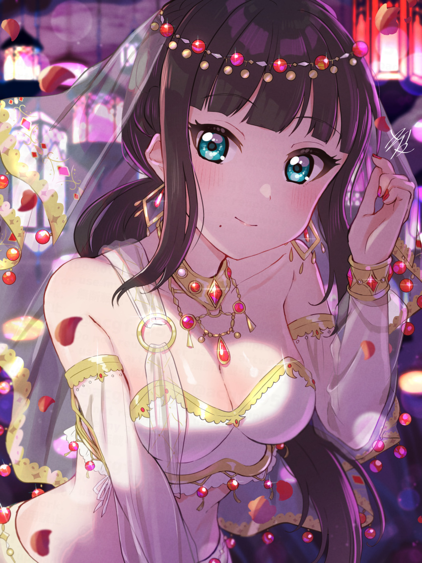 1girl absurdres birthday black_hair blush bracelet breasts cleavage collarbone commentary earrings green_eyes highres jewelry kurosawa_dia kyaku_tatsu long_hair looking_at_viewer love_live! love_live!_sunshine!! medium_breasts midriff mole mole_under_mouth necklace signature smile upper_body