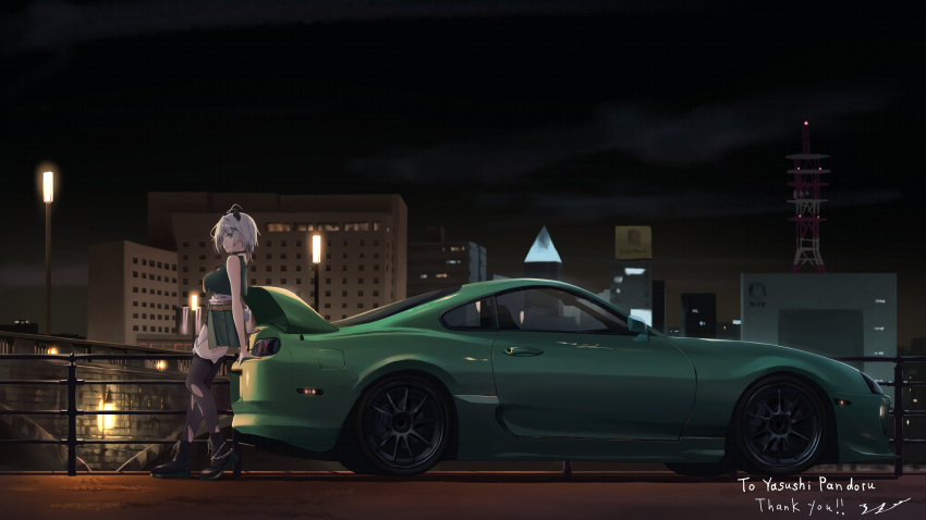 1girl absurdres ankle_boots black_footwear black_thighhighs boots building car city cityscape commentary commission crop_top english_commentary english_text from_side green_skirt grey_hair highres lamppost motor_vehicle night night_sky original outdoors png_pant_(bus) railing second-party_source short_hair signature skeb_commission skirt sky skyscraper solo sports_car standing thank_you thighhighs torn_clothes torn_thighhighs toyota toyota_supra toyota_supra_mk_iv vehicle_focus wide_shot yasushi_pandoru