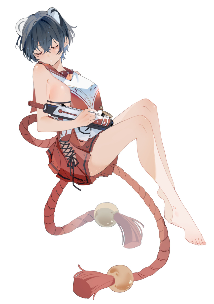 1girl animal_ears barefoot black_hair blue_archive breast_curtain breasts closed_eyes commentary_request extra_ears full_body gun highres holding holding_gun holding_weapon japanese_clothes large_breasts miko pleated_skirt raccoon_ears red_sailor_collar red_skirt revealing_clothes rope sailor_collar shimenawa short_hair sideboob sideless_outfit simple_background skirt sleeping solo tsubaki_(blue_archive) weapon white_background yaner_10