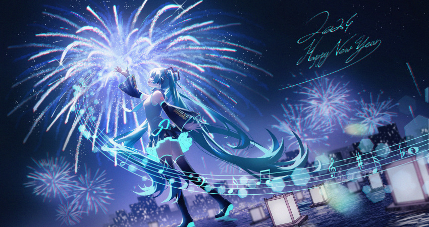 1girl 2024 ^_^ absurdres bare_shoulders black_skirt blue_hair blue_nails boots closed_eyes fireworks grey_shirt happy_new_year hatsune_miku headphones highres ji_ye_fan_sheng musical_note necktie non-web_source shirt skirt sky tattoo twintails vocaloid water