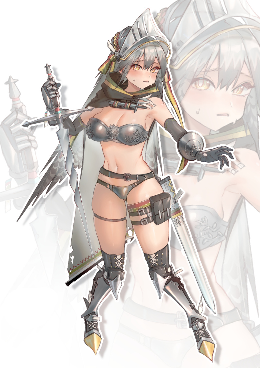 1girl alternate_costume arknights armor armored_boots armpits belt bikini_armor black_belt blush boots breasts cape cleavage commentary double-parted_bangs embarrassed fartooth_(arknights) feather_hair full_body gauntlets grey_cape grey_hair highres holding holding_sword holding_weapon kaguura_(kagu) long_hair looking_at_viewer medium_breasts navel outline parted_lips scabbard sheath simple_background skindentation solo standing stomach sweat sword thigh_pouch thigh_strap visor_(armor) weapon white_background white_outline yellow_eyes zoom_layer