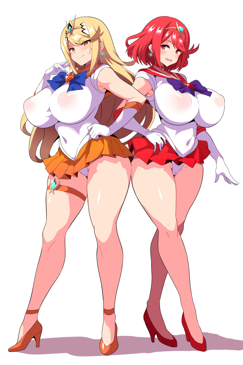 1girl 2girls absurdres bishoujo_senshi_sailor_moon blonde_hair breasts choker closed_mouth cosplay covered_navel covered_nipples earrings full_body gloves highres huge_breasts jewelry konno_tohiro long_hair looking_at_viewer multiple_girls mythra_(xenoblade) open_mouth orange_choker orange_eyes orange_footwear orange_sailor_collar orange_skirt pleated_skirt pyra_(xenoblade) r_venus r_venus_(cosplay) red_choker red_eyes red_footwear red_hair red_sailor_collar red_skirt sailor_collar sailor_mars sailor_mars_(cosplay) sailor_senshi_uniform sailor_venus shoes short_hair simple_background skirt smile solo standing swept_bangs thick_thighs thigh_strap thighs white_background white_gloves xenoblade_chronicles_(series) xenoblade_chronicles_2