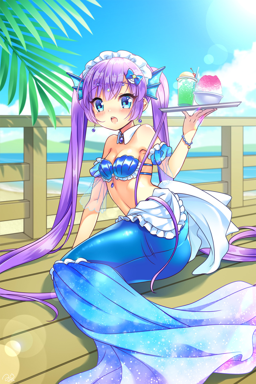 1girl beach blue_eyes blush bow bracelet breasts day earrings fins food hair_bow head_fins highres jewelry long_hair maid_headdress melon_soda mermaid momojiri_aya monster_girl open_mouth original outdoors purple_hair shaved_ice shell shell_bikini solo teeth twintails upper_teeth_only very_long_hair