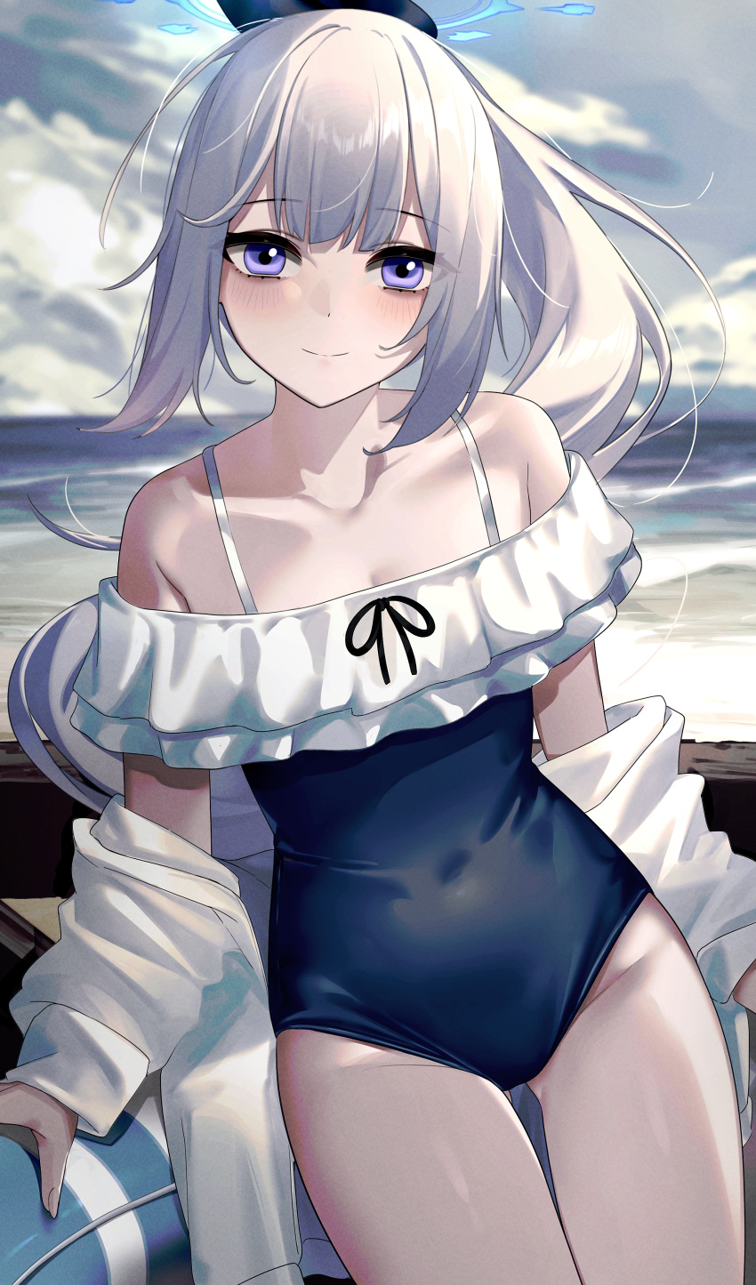 1girl absurdres beach blue_archive blue_halo blue_sky blurry blush casual_one-piece_swimsuit closed_mouth cloud cloudy_sky commentary covered_navel cowboy_shot depth_of_field frilled_one-piece_swimsuit frills halo highres innertube long_hair long_sleeves looking_at_viewer miyako_(blue_archive) miyako_(swimsuit)_(blue_archive) ocean off-shoulder_one-piece_swimsuit off_shoulder official_alternate_costume one-piece_swimsuit outdoors purple_eyes shirt sky solo swimsuit two-tone_one-piece_swimsuit wakamepiza white_shirt