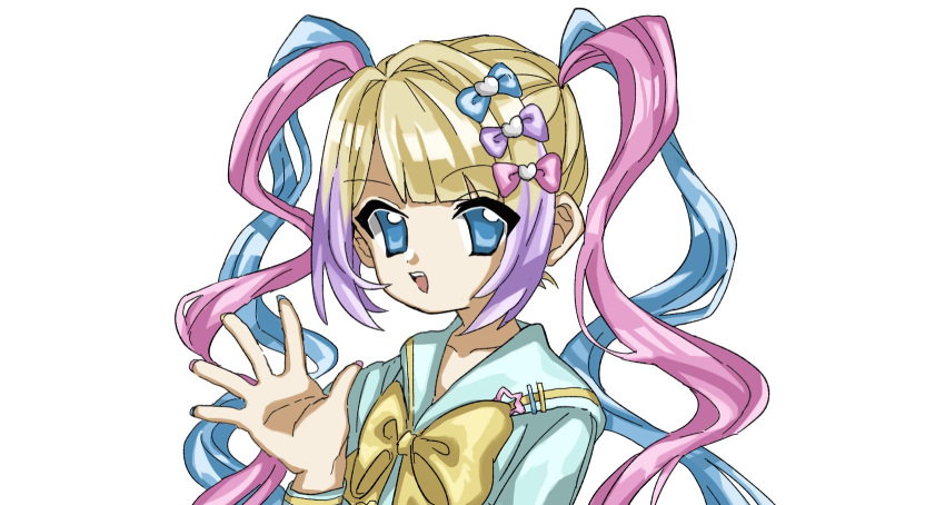 1girl :d blonde_hair blue_bow blue_eyes blue_hair blue_nails blue_shirt bow chouzetsusaikawa_tenshi-chan commentary_request hair_bow hair_ornament hand_up heart heart_hair_ornament highres long_hair long_sleeves looking_at_viewer multicolored_hair multicolored_nails nail_polish needy_girl_overdose open_hand open_mouth pink_bow pink_hair pink_nails purple_bow purple_hair quad_tails sailor_collar shinsekai_(z_o10) shirt simple_background smile solo twintails upper_body white_background yellow_bow yellow_nails