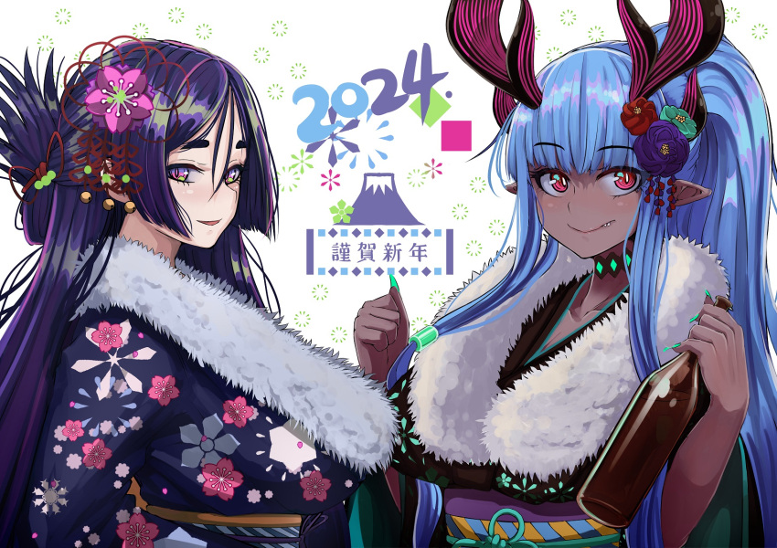 2024 2girls b.d blue_hair blush breasts colored_skin fate/grand_order fate_(series) fur_collar grey_skin happy_new_year highres horns ibuki_douji_(fate) ibuki_douji_(swimsuit_berserker)_(fate) japanese_clothes kimono large_breasts long_hair looking_at_viewer minamoto_no_raikou_(fate) multiple_girls oni oni_horns parted_bangs pointy_ears ponytail purple_eyes purple_hair red_eyes sidelocks