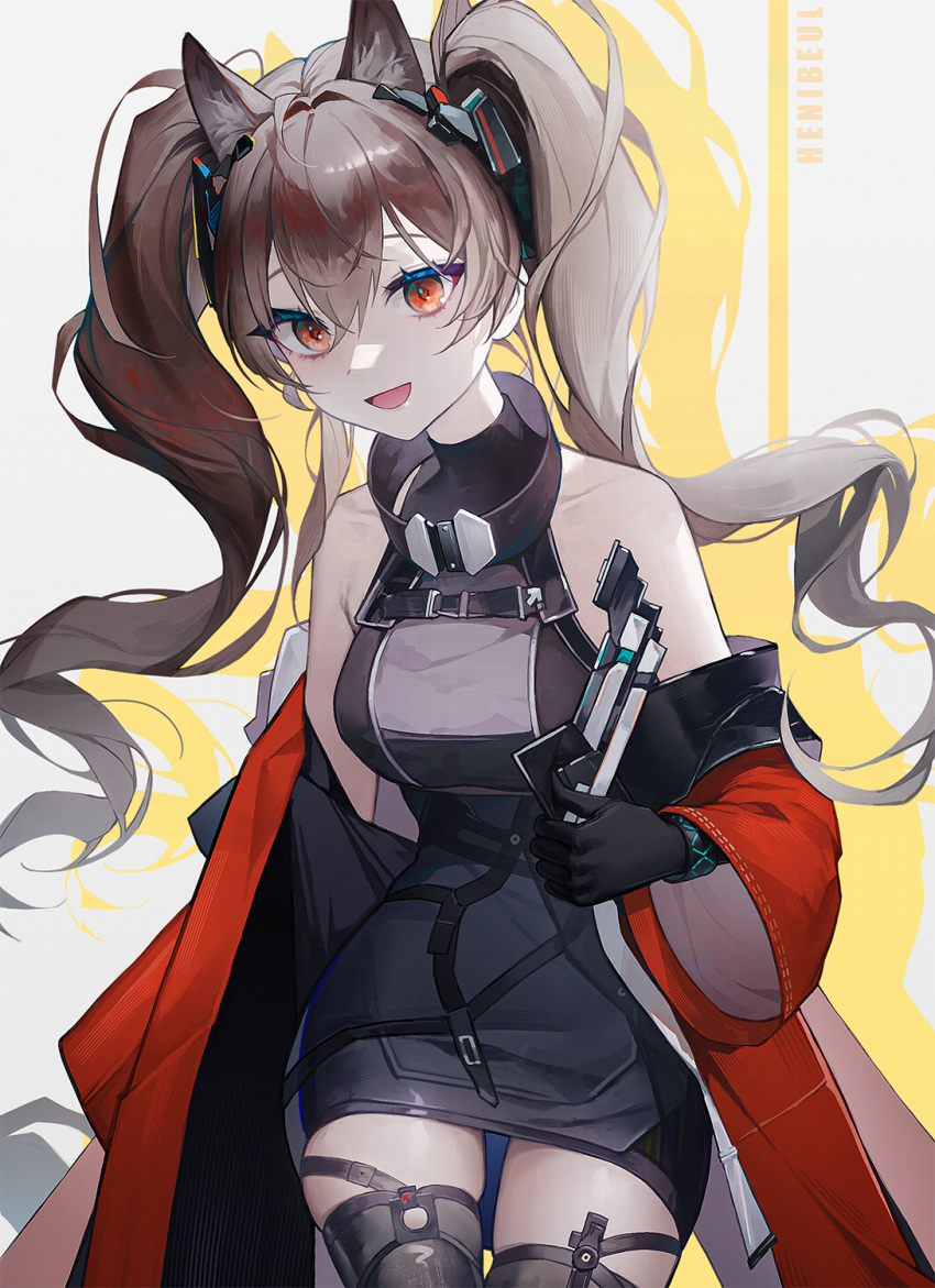 1girl :d angelina_(arknights) angelina_(endfield)_(arknights) animal_ears arknights artist_name black_bracelet black_dress black_gloves breasts coat diamond-shaped_pupils diamond_(shape) dot_nose dress fox_ears fox_girl gloves hair_between_eyes hair_intakes headgear henibeul high_belt highres holding infection_monitor_(arknights) looking_at_viewer medium_breasts off_shoulder open_clothes open_coat orange_coat red_coat sidelocks silhouette skindentation smile standing symbol-shaped_pupils tight_clothes turtleneck twintails two-tone_background two_side_up upper_body white_background wide_sleeves yellow_background