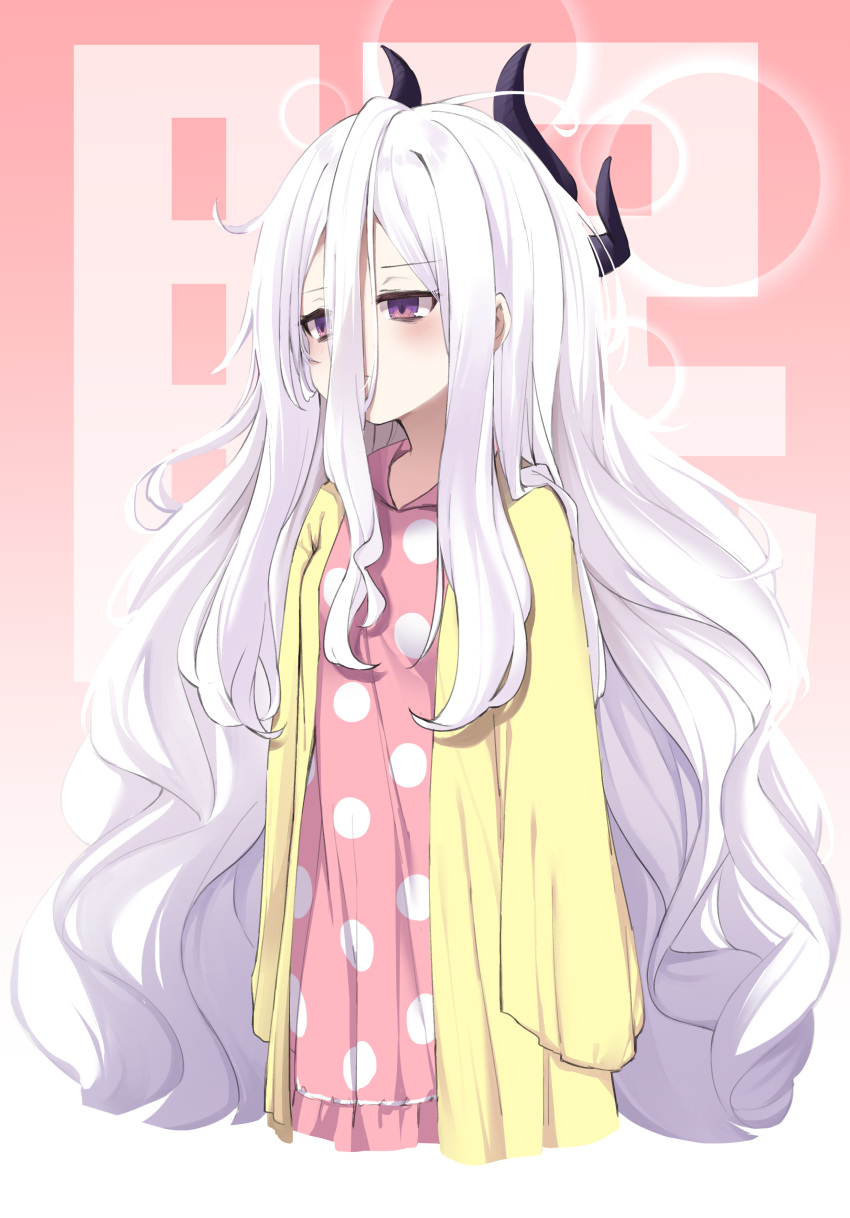 1girl absurdres ahoge bags_under_eyes blue_archive closed_mouth commentary_request demon_horns hair_between_eyes halo highres hina_(blue_archive) horns leglus long_hair long_sleeves multiple_horns pajamas pink_pajamas polka_dot polka_dot_pajamas purple_eyes solo very_long_hair white_hair