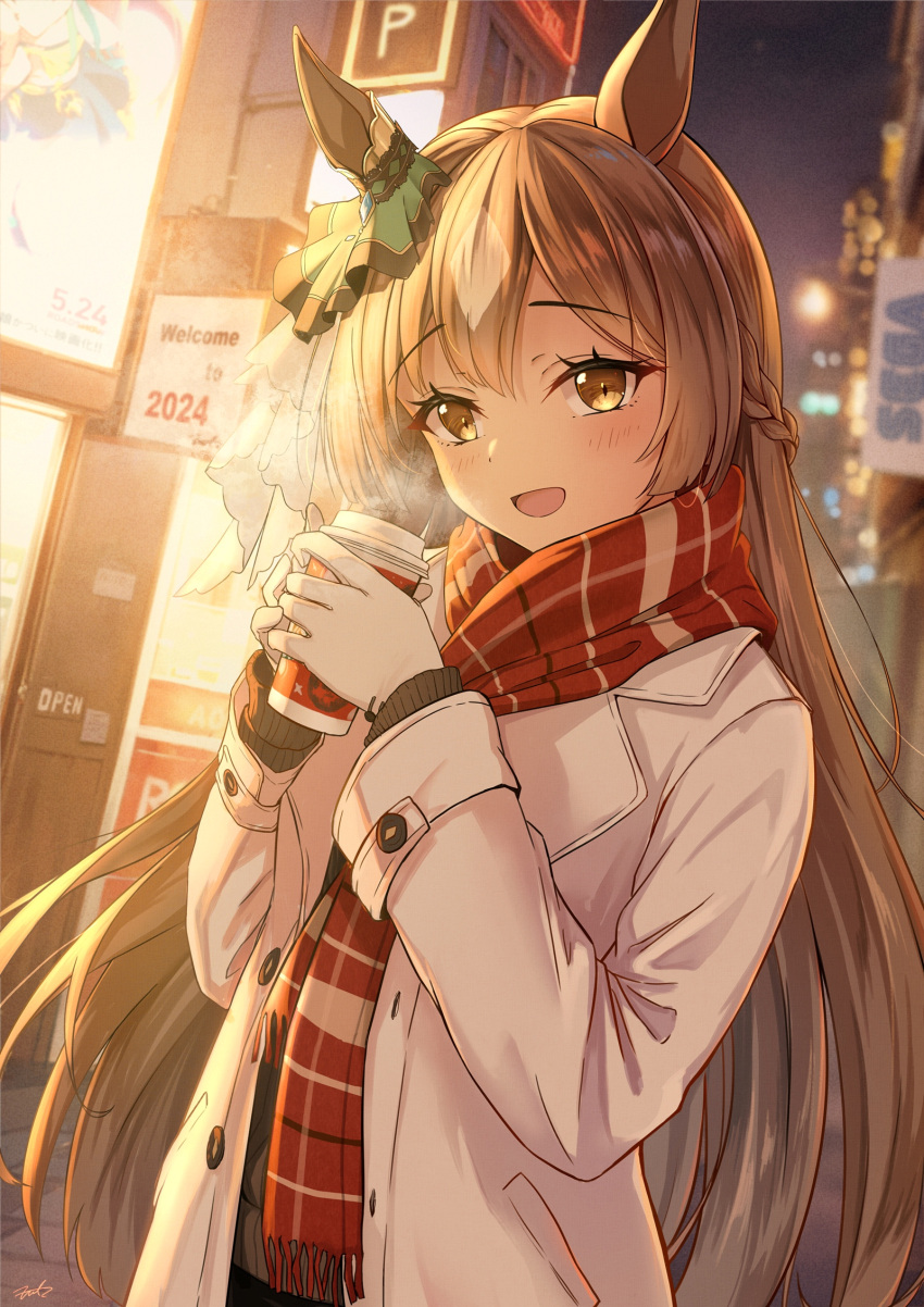 1girl animal_ears blush braid brown_hair coat coffee_cup cup disposable_cup fringe_trim fritz614 gloves highres holding holding_cup horse_ears horse_girl long_hair long_sleeves looking_at_viewer night open_clothes open_coat open_mouth outdoors red_scarf satono_diamond_(umamusume) scarf sega smile solo umamusume white_coat white_gloves yellow_eyes