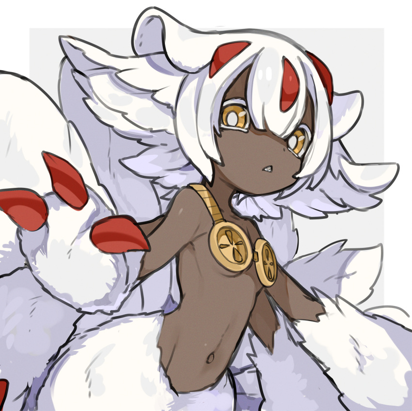 1girl bright_pupils claws dark-skinned_female dark_skin extra_arms faputa goggles goggles_around_breasts hair_between_eyes highres horns looking_at_viewer made_in_abyss monster_girl muraki_(owantogohan) navel red_horns solo white_fur white_hair white_pupils yellow_eyes