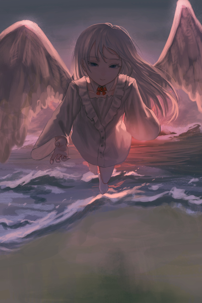 1girl absurdres angel barefoot beach blue_eyes bow bowtie collar collarbone detached_collar feathered_wings flying frilled_collar frills highres kyano_(kyanora3141) long_hair long_sleeves looking_at_viewer no_nose no_pants ocean original outdoors outstretched_hand red_bow red_bowtie sand shirt smile solo sunset water waves white_hair white_shirt wide_sleeves wings