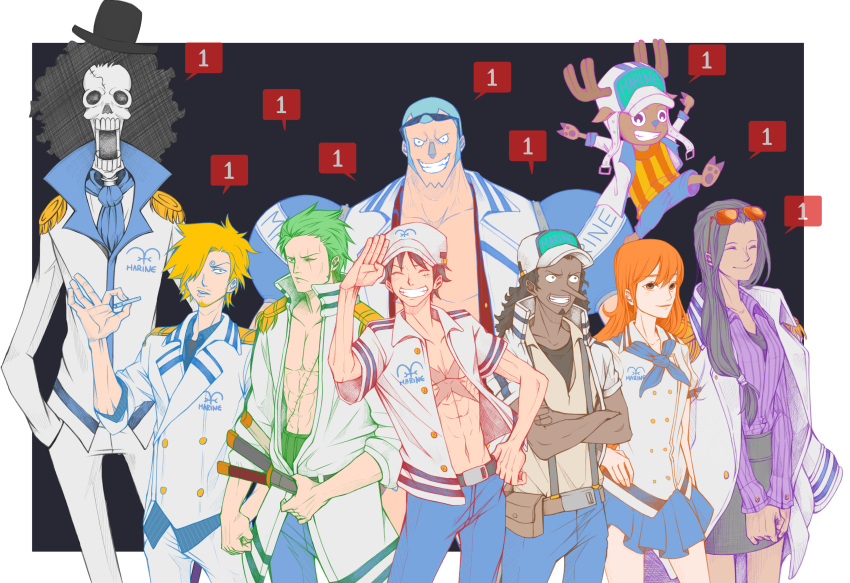 2girls 6+boys ^_^ absurdres aejooart afro antlers ascot bad_source belt_pouch black_hair blonde_hair blue_neckerchief brook_(one_piece) cigarette closed_eyes crossed_arms curly_eyebrows epaulettes eyewear_on_head franky_(one_piece) goatee_stubble green_hair hand_in_pocket hand_on_own_hip haramaki hat highres jacket katana long_hair long_nose looking_at_viewer looking_to_the_side monkey_d._luffy multiple_boys multiple_girls nami_(one_piece) neckerchief nico_robin one_piece open_clothes open_jacket orange_hair pouch purple_shirt reindeer_antlers roronoa_zoro sanji_(one_piece) scar scar_on_chest scar_on_face shirt short_hair skirt smile striped striped_shirt sword tony_tony_chopper usopp vertical-striped_shirt vertical_stripes weapon