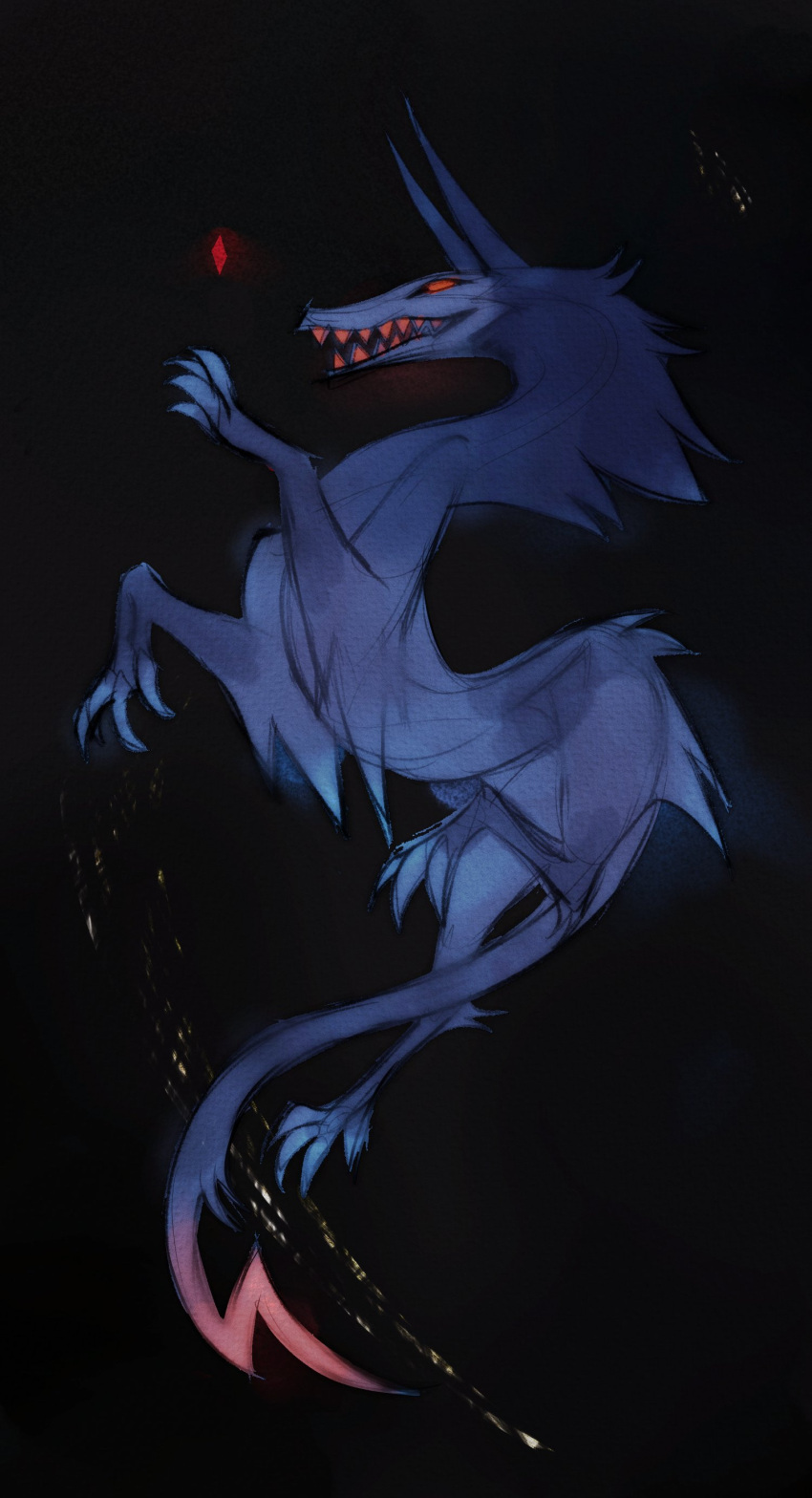 absurd_res ambiguous_gender back_tuft black_background blue_body blue_fur blue_horn blue_tail empty_eyes famir_(artist) feral fur hi_res horn leg_tuft neck_tuft open_mouth red_eyes red_teeth sharp_teeth side_view simple_background solo species_request tail teeth tuft