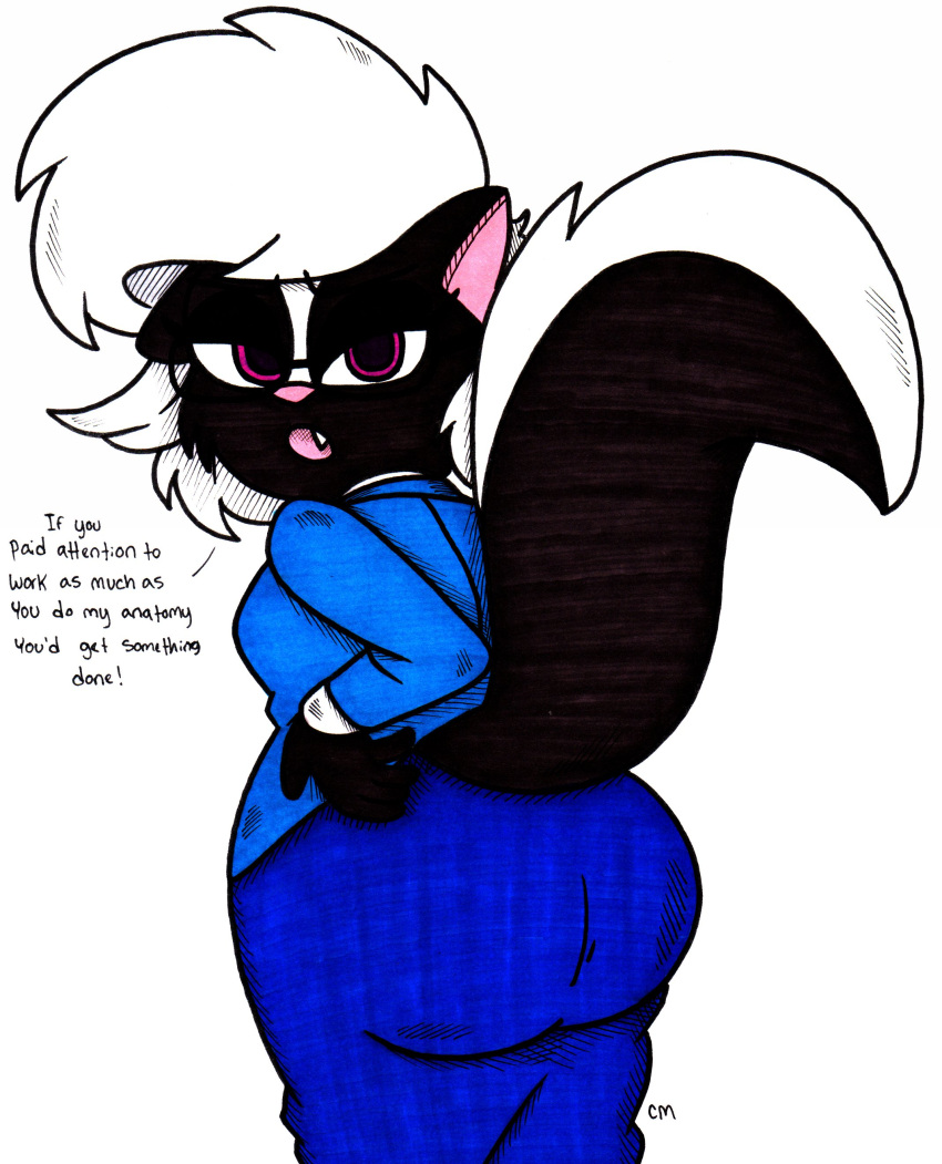 2023 absurd_res anthro big_butt biped black_body black_ears black_eyebrows black_eyelashes black_eyewear black_fur black_glasses black_pupils black_tuft blue_bottomwear blue_clothing blue_jacket blue_skirt blue_topwear bottomwear butt cheek_tuft clothed clothed_anthro clothed_female clothing colored dialogue english_text exclamation_point eyebrows eyewear facial_tuft female female_anthro fingers fur fur_tuft glasses hair hi_res inkyneko jacket long_tail looking_at_viewer looking_back looking_back_at_viewer mammal markings mephitid office_lady one_ear_up pen_(artwork) pink_inner_ear pink_mouth pink_nose portrait pupils rear_view rectangular_glasses red_eyes scarlett_skunk signature simple_background skirt skunk skunk_tail snaggle_tooth solo standing striped_markings striped_tail stripes tail tail_markings talking_to_viewer teeth text three-quarter_portrait topwear traditional_media_(artwork) tuft two_tone_tail white_background white_hair white_markings white_stripes