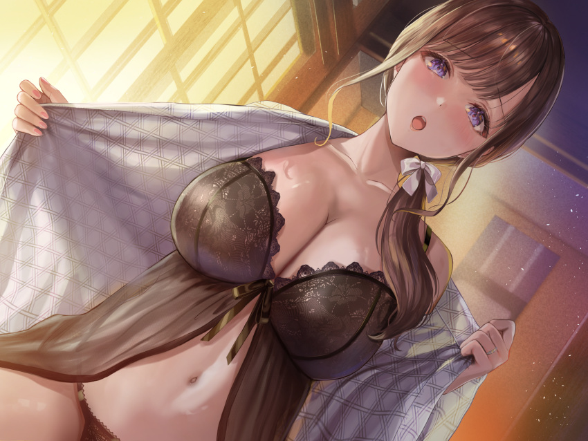 1girl :o absurdres babydoll bedroom black_babydoll black_panties blush breasts brown_hair collarbone hair_over_shoulder hair_ribbon highres indoors japanese_clothes kimono large_breasts lingerie long_hair looking_at_viewer nail_polish navel non-web_source open_mouth original panties purple_eyes ribbon sakamuke solo sweat teeth underwear undressing upper_teeth_only white_kimono window yukata