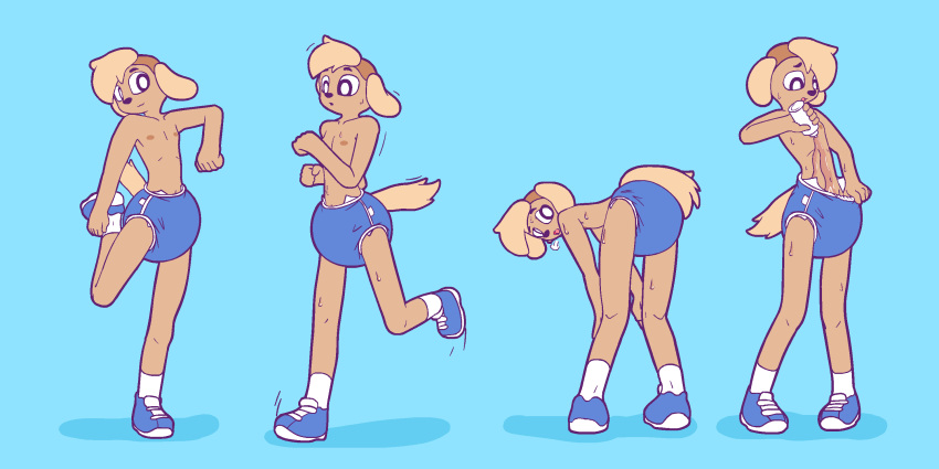 2022 2:1 anthro baggashame bent_over black_eyes black_nose blonde_hair blue_background blue_clothing blue_footwear blue_shoes blue_sneakers bodily_fluids breath brown_body brown_fur canid canine canis clothed clothing diaper diaper_cover diaper_pull domestic_dog exposed_diaper floppy_ears footwear front_view fur hair heat_(temperature) hi_res holding_ankle holding_leg jogging knock-kneed looking_aside looking_back looking_down male mammal mouth_closed multicolored_clothing multicolored_footwear multicolored_shoes multiple_images navel on_one_leg open_mouth panting pigeon_toed pink_tongue pouring pouring_onto_self pouring_water raymond_(baggashame) rear_view sequence shadow shoes simple_background socks solo standing stretching sweat sweaty_arms sweaty_legs tail tan_ears tan_tail three-quarter_view tongue topless topless_anthro topless_male two_tone_clothing two_tone_footwear two_tone_shoes two_tone_sneakers undercut white_clothing white_footwear white_shoes white_sneakers white_socks