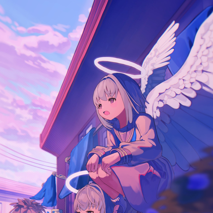 2girls angel angel_wings blurry blurry_foreground cloud cropped day drying drying_clothes feathered_wings grey_hair grey_skirt halo highres kagenoyuhi long_sleeves medium_hair multiple_girls open_mouth original plant sailor_collar school_uniform serafuku skirt socks solo_focus squatting white_socks white_wings wings