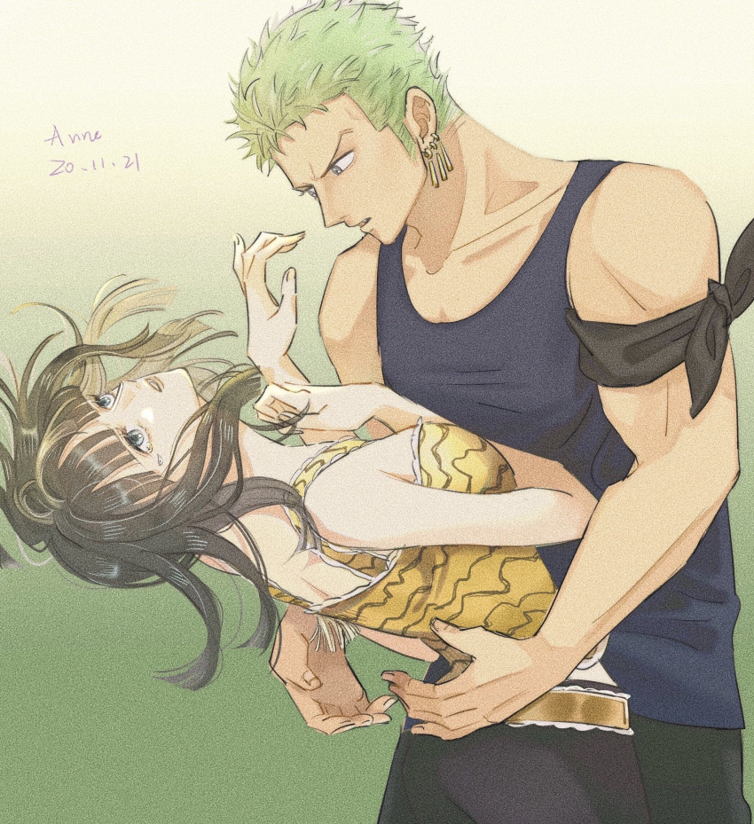 1boy 1girl anneredblue artist_name bandana_around_arm black_hair blue_eyes commentary_request dated earrings green_hair highres jewelry long_hair nico_robin one_piece open_mouth roronoa_zoro shirt short_hair single_earring sleeveless sleeveless_shirt tank_top