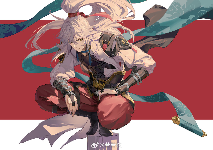 1boy arm_guards armor chinese_clothes closed_mouth eyeliner eyeshadow fingerless_gloves full_body gloves grey_hair hair_over_one_eye hair_ribbon high_ponytail honkai:_star_rail honkai_(series) jing_yuan long_hair makeup male_focus mole mole_under_eye pants pauldrons ponytail red_eyeliner red_eyeshadow red_pants red_ribbon ribbon ruoruoqiuu shoulder_armor simple_background smile solo squatting very_long_hair yellow_eyes