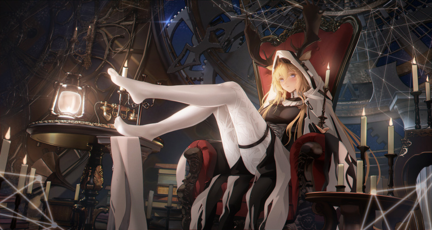 1girl animal_ears antlers antlers_through_hood arknights blonde_hair blue_eyes blush book book_stack breasts candle candlestand cape chair deer_antlers deer_ears deer_girl ears_through_hood fire hair_between_eyes highres hood hood_up hooded_cape indoors lantern large_breasts legs legs_up ling_dianxia long_hair looking_at_viewer night no_shoes pantyhose sitting sky solo table thighs viviana_(arknights) white_cape white_pantyhose