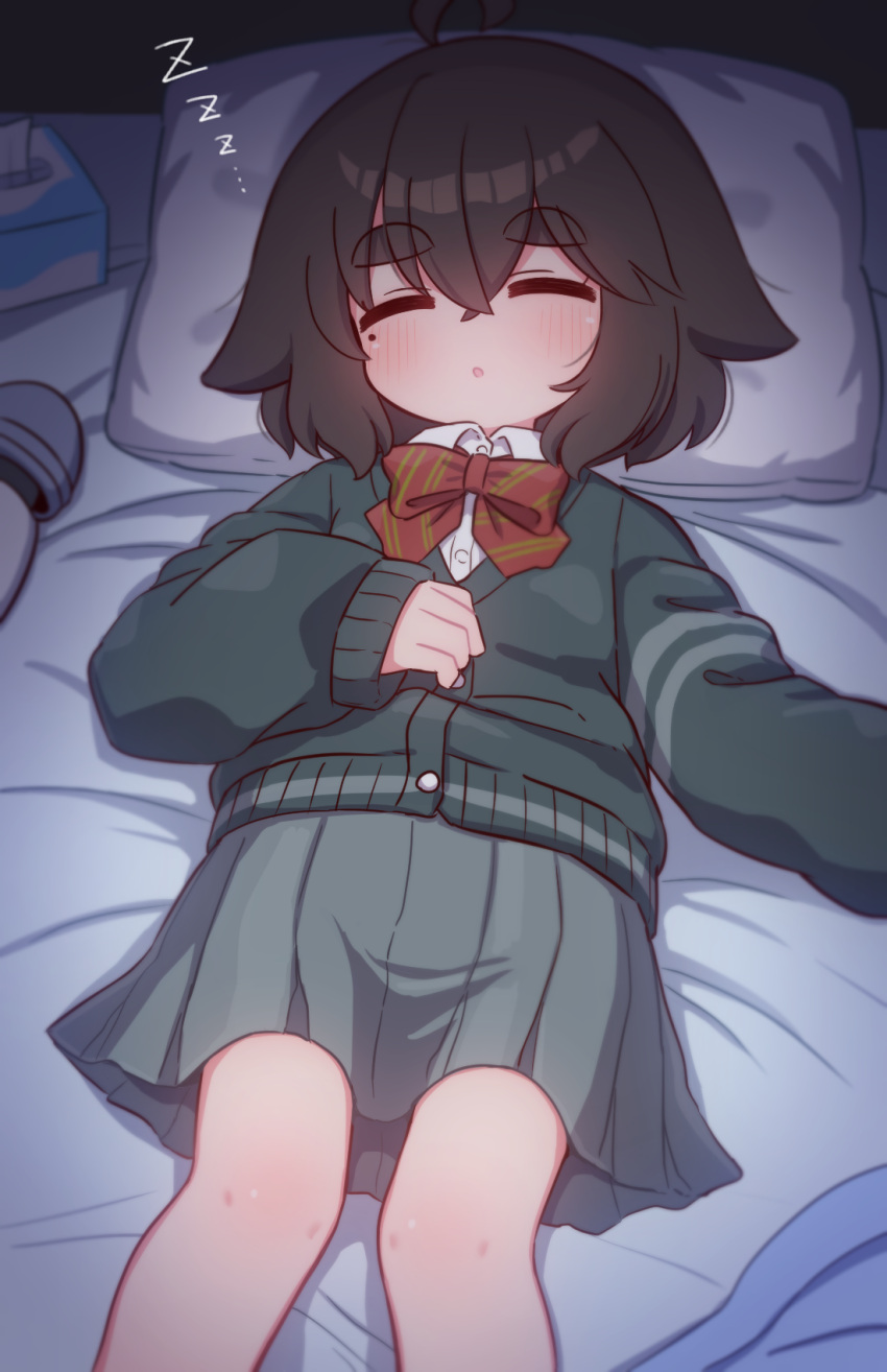 1girl :o ahoge bed_sheet black_hair black_jacket blush bow closed_eyes collared_shirt diagonal-striped_bow diagonal_stripes dress_shirt facing_viewer feet_out_of_frame grey_skirt hair_between_eyes highres hitachi_magic_wand jacket long_sleeves mole mole_under_eye naga_u naga_u-chan original parted_lips pillow pleated_skirt puffy_long_sleeves puffy_sleeves red_bow sex_toy shirt short_eyebrows skirt sleeping sleeves_past_wrists solo striped thick_eyebrows tissue_box vibrator white_shirt zzz