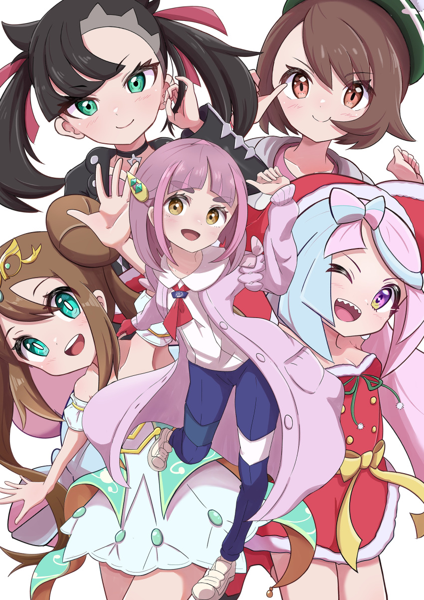 5girls absurdres alternate_costume arched_bangs asymmetrical_bangs black_choker black_hair black_jacket blue_eyes blue_pants blueberry_academy_school_uniform blush breasts brown_eyes brown_hair cardigan character_hair_ornament choker closed_mouth coat collared_shirt double_bun dress eyelashes gloria_(pokemon) gloves green_eyes green_headwear hair_bun hair_ornament hair_ribbon hairclip hat highres iono_(pokemon) jacket jewelry lacey_(pokemon) long_hair long_sleeves looking_at_viewer marnie_(pokemon) multicolored_hair multiple_girls official_alternate_costume open_clothes open_mouth pants pink_hair pokemon pokemon_masters_ex pokemon_sv pokemon_swsh red_gloves ribbon rono_(lethys) rosa_(champion)_(pokemon) rosa_(pokemon) school_uniform shirt short_hair single_glove smile teeth twintails two-tone_hair white_shirt yellow_eyes