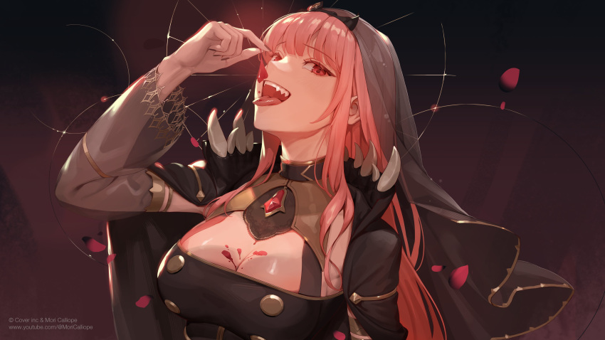1girl absurdres black_cape black_dress black_nails black_tiara blood breasts cape cleavage detached_sleeves dress gem gum_shrew highres hololive hololive_english large_breasts long_hair looking_at_viewer mori_calliope mori_calliope_(1st_costume) official_art pink_hair red_eyes see-through see-through_sleeves sharp_teeth sidelocks single_detached_sleeve spiked_cape teeth tiara tongue tongue_out veil virtual_youtuber